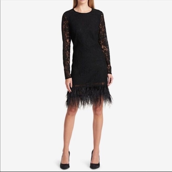 SOLD DKNY Lace Real Feather Fringe Hem Black Dress